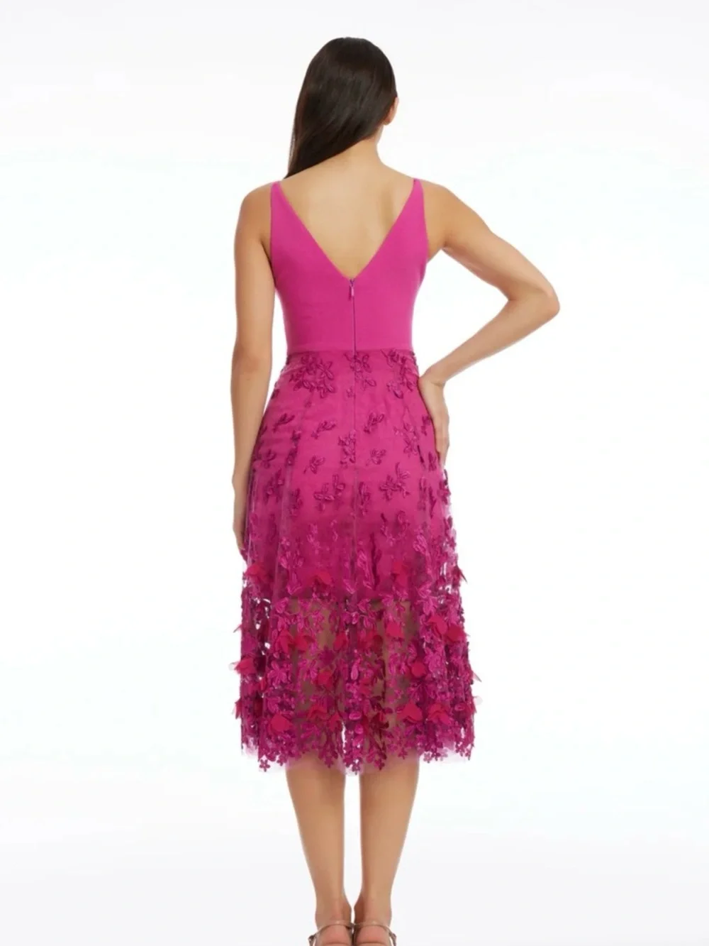 Dress the Population Fuchsia Floral Applique V-Neck Midi Dress - Picture 2 of 5
